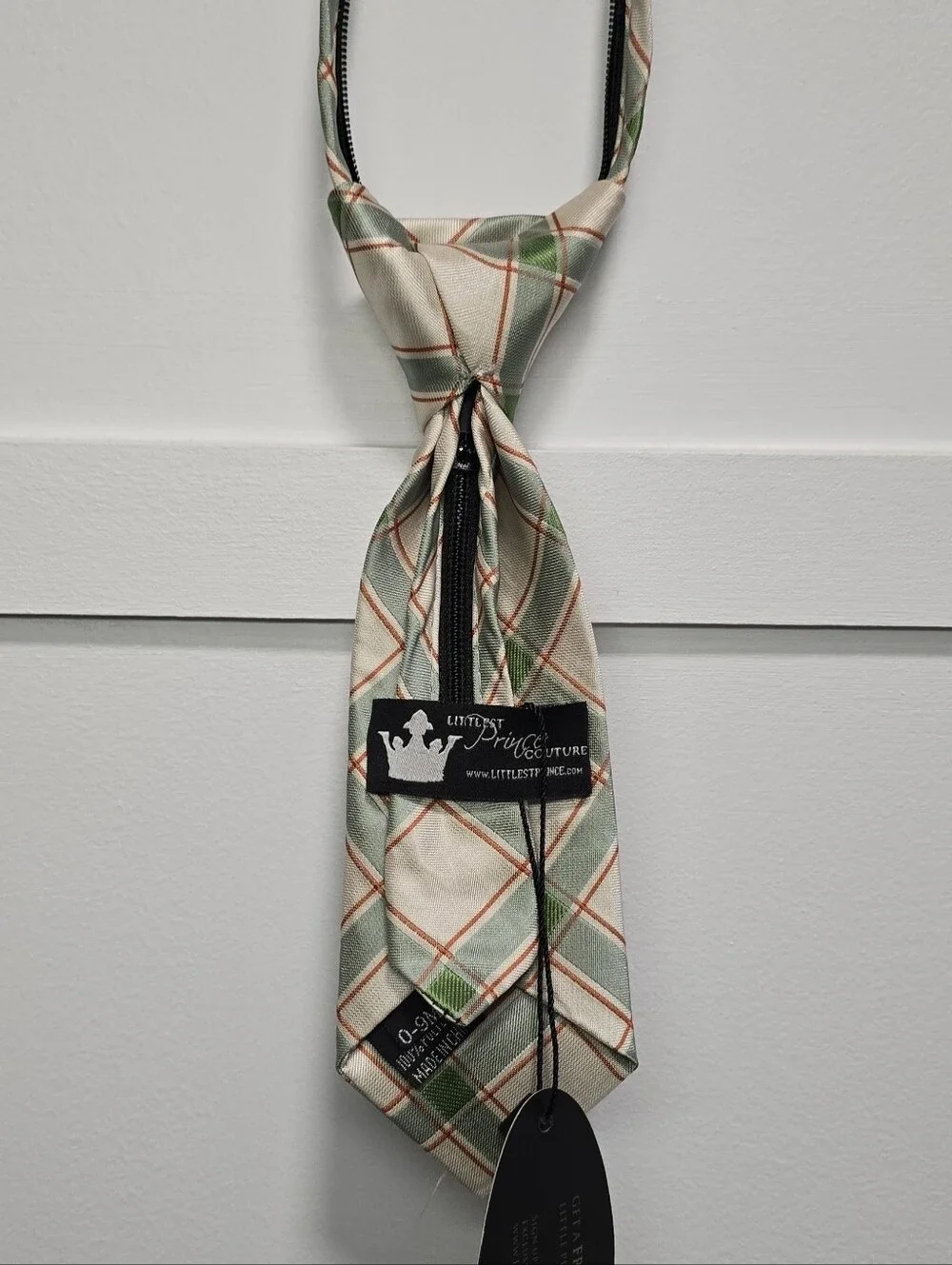 Toddler Cream Plaid Necktie with Green and Gray Accents